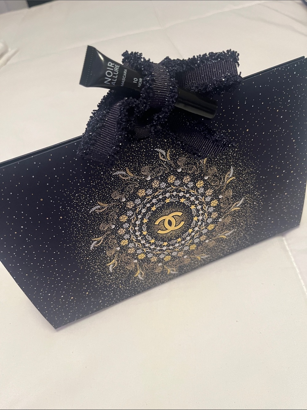 CHANEL Navy and Gold Decorative Gift Clutch Bag w/ Sample Size Mascara 9 x 5